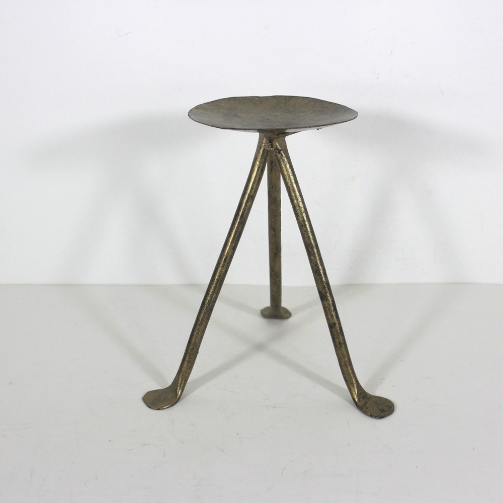 Tall Gilded Gold Metal Large Pillar Candle Holder Mid Century Modern Wide Tripod